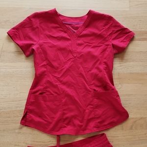 Purple label healing hands red scrubs